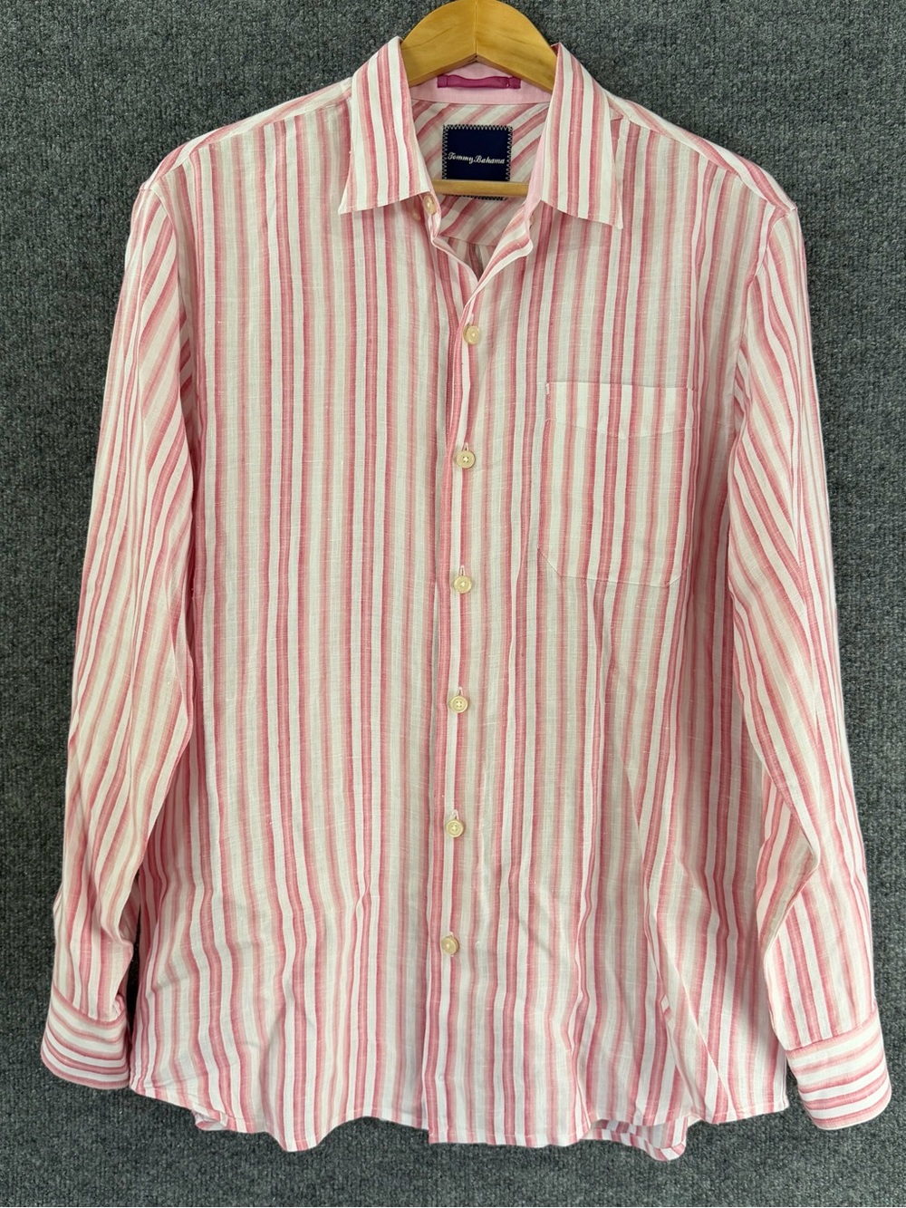 Tommy Bahama Mens Pink Striped Linen Button Down Shirt Size Medium Beach Preppy